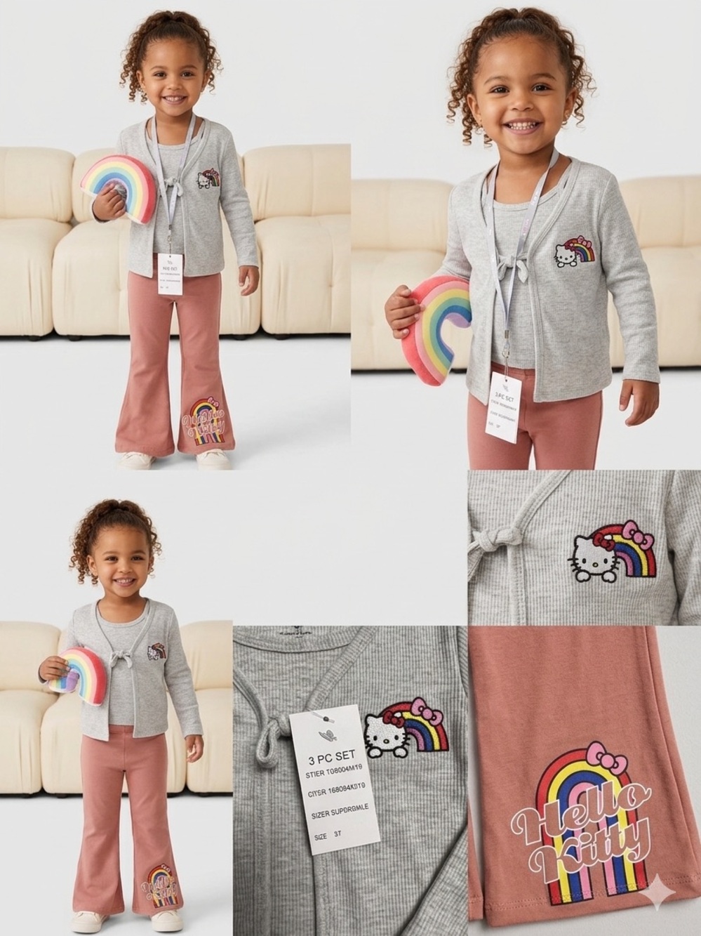 Hello Kitty Gray Cardigan and Pink Pants Set with Rainbow Details